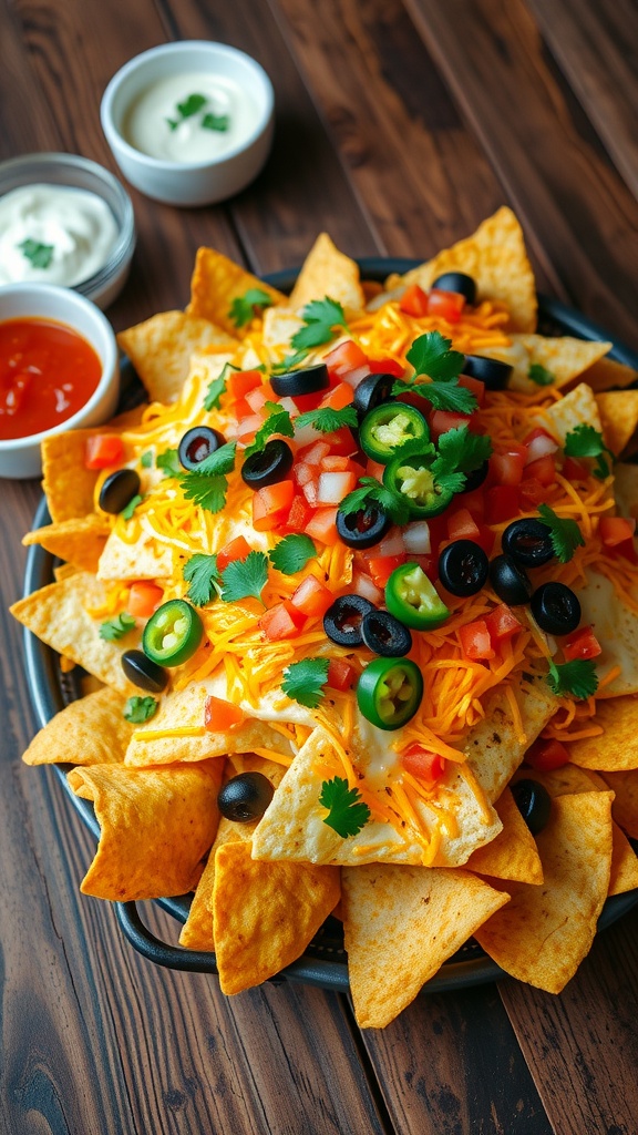 A colorful plate of cheesy nachos topped with jalapeños, tomatoes, and olives, with dips on the side.
